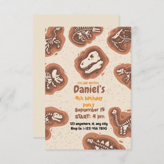 Skeleton Dinosaur 4th Birthday Party Invitation Einladung (Vorne/Hinten)