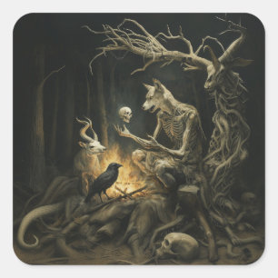 Skeleton Dog Moon Occult Dark Hexy AI Art Quadratischer Aufkleber