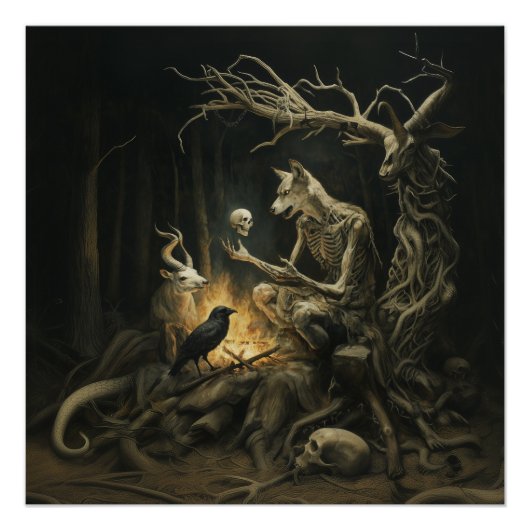 Skeleton Dog Moon Witchy AI Art Semi Gloss Poster (Vorderseite)