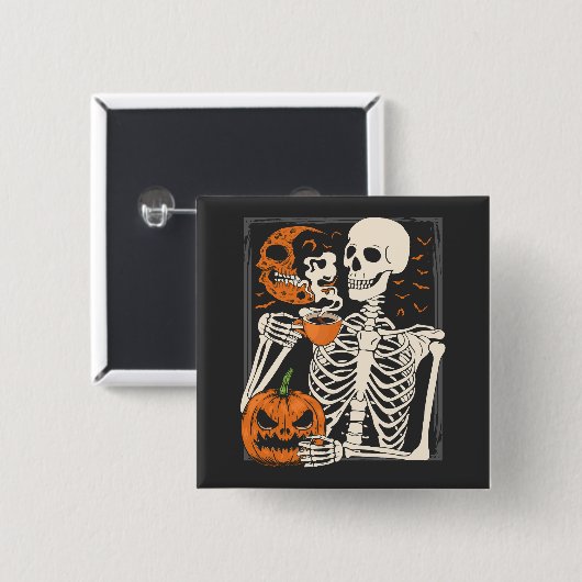 Skeleton Drink Kaffee Lover Halloween Skull SQ Button (Vorne & Hinten)
