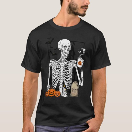 Skeleton Drinking Coffee Halloween Skull 1 T-Shirt (Vorderseite)