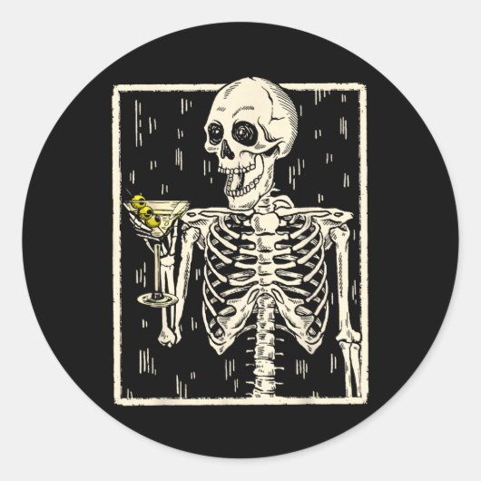 Skeleton Drinks Martini Schwanz Retro Halloween Co Runder Aufkleber (Vorderseite)