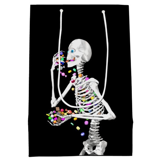 Skeleton Eating Halloween Candy Mittlere Geschenktüte (Rückseite)
