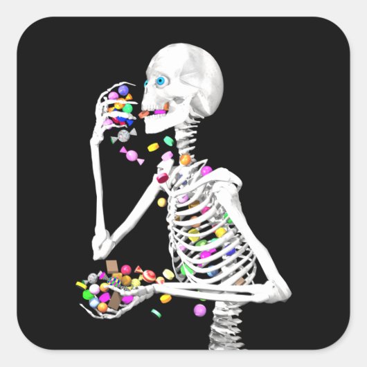 Skeleton Eating Halloween Candy Quadratischer Aufkleber (Vorderseite)