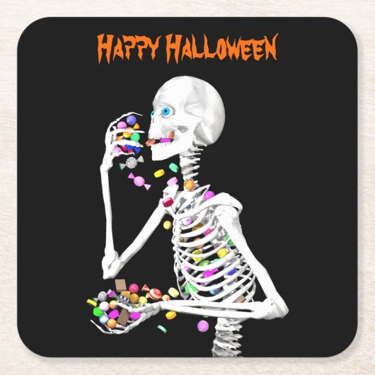 Skeleton Eating Halloween Candy Rechteckiger Pappuntersetzer (Vorderseite)