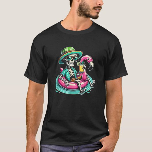 Skeleton Entspannen am Flamingo Float Beach Vibes  T-Shirt (Vorderseite)
