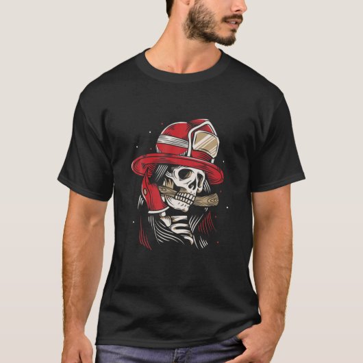 Skeleton Firefighter Lazy Halloween Kostümskull T-Shirt (Vorderseite)