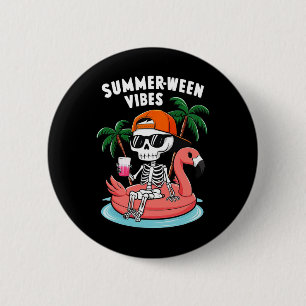 Skeleton Flamingo Summerween Vibes Halloween Boys Button