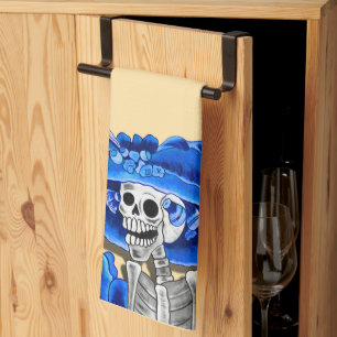 Skeleton-Frau in blau lachen Geschirrtuch