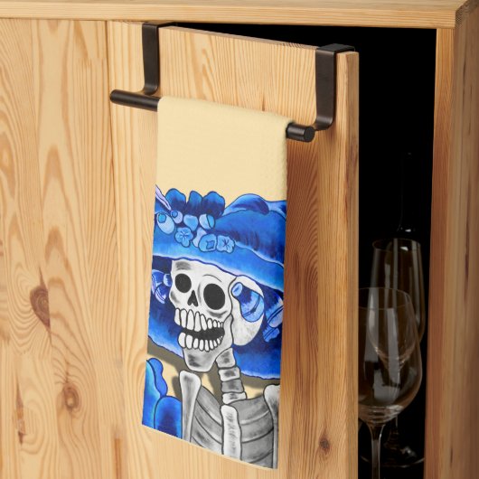 Skeleton-Frau in blau lachen Geschirrtuch (Drittel gefaltet)