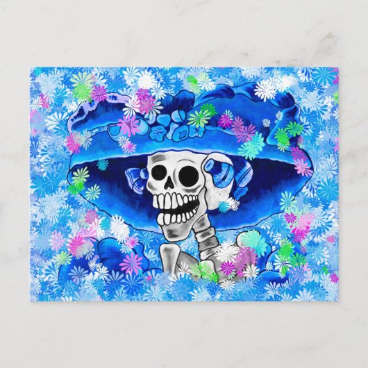Skeleton-Frau in Blue Bonnet auf Blue Postkarte (Vorderseite)