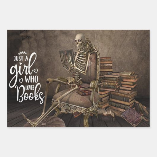 Skeleton Girl Book Lover Geschenkpapier Set (Vorderseite)
