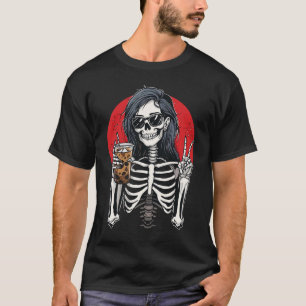 Skeleton Girl Drink Kaffee Friedenszeichen T-Shirt