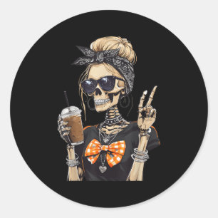 Skeleton Girl Drinking Coffee Peace Sign Graphic F Runder Aufkleber