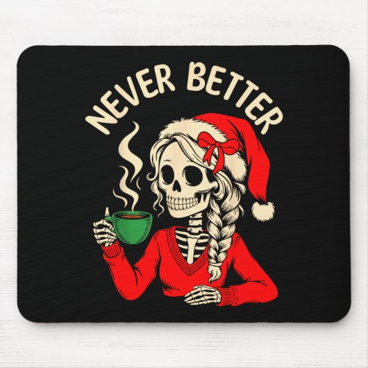 Skeleton Girl Santa Drinking Coffee Xmas Funny Sku Mousepad (Vorne)