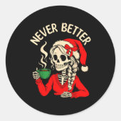 Skeleton Girl Santa Drinking Coffee Xmas Funny Sku Runder Aufkleber (Vorderseite)