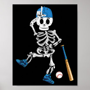 Skeleton Halloween Vintag Baseball Playing Poster