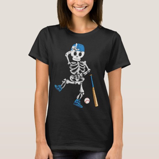 Skeleton Halloween Vintag Baseball Playing T-Shirt (Vorderseite)