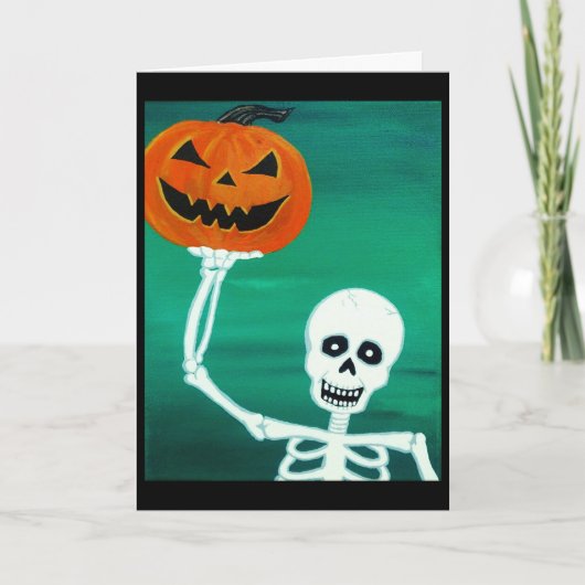 Skeleton hält Pumpkin Halloween Grußkarte Karte (Vorderseite)