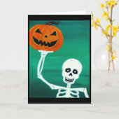 Skeleton hält Pumpkin Halloween Grußkarte Karte (Gelbe Blume)