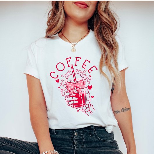 Skeleton Hand Coffee Soulmate Red Pink Hearts T-Shirt