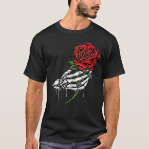 Skeleton Hand hält einen Single Rote Rose Stem Tat T-Shirt