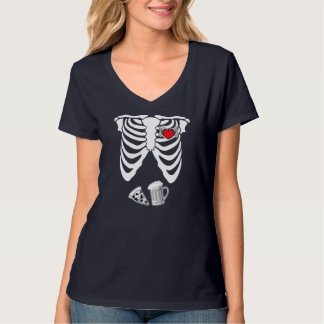 Skeleton Hand Heart Sign Halloween Beer Pizza Preg T-Shirt