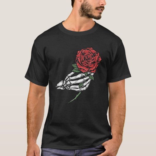 Skeleton Hand Red Rose Flower T-Shirt (Vorderseite)