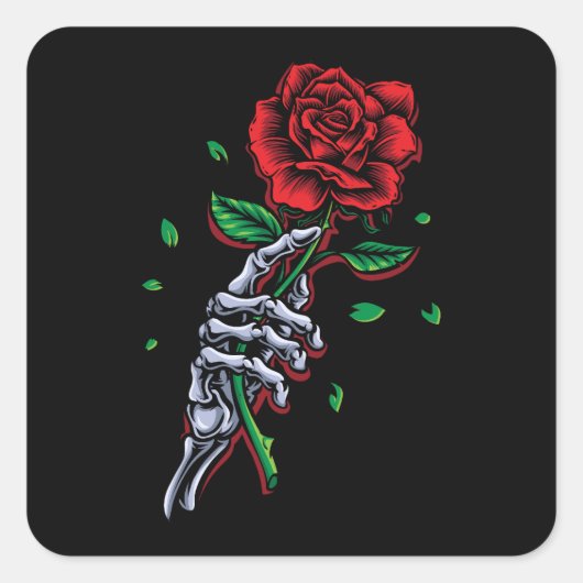 Skeleton Hand Rote Rose Blume Quadratischer Aufkleber (Vorderseite)