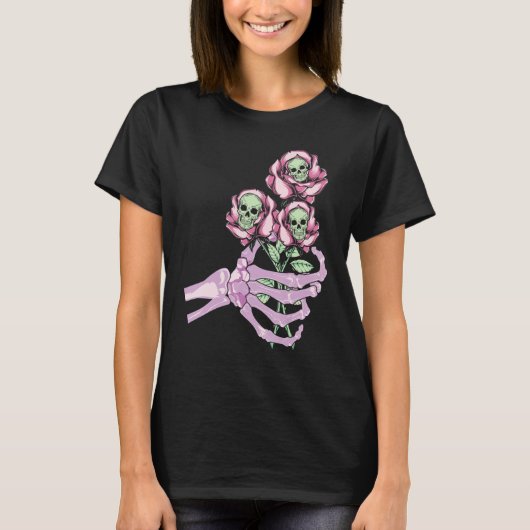 Skeleton Hand Skull Pastel Roses Graphic Valentine T-Shirt (Vorderseite)
