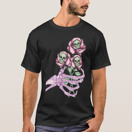 Skeleton Hand Skull Pastel Roses Graphic Valentine T-Shirt (Vorderseite)