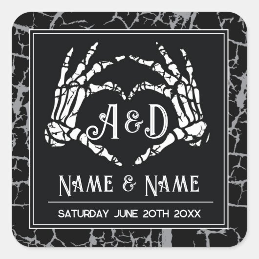 Skeleton Heart Hands Hochzeitskleber Etiketten Quadratischer Aufkleber (Vorderseite)