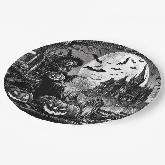 Skeleton Hexch Pumpkin Pappteller (Schrägansicht)