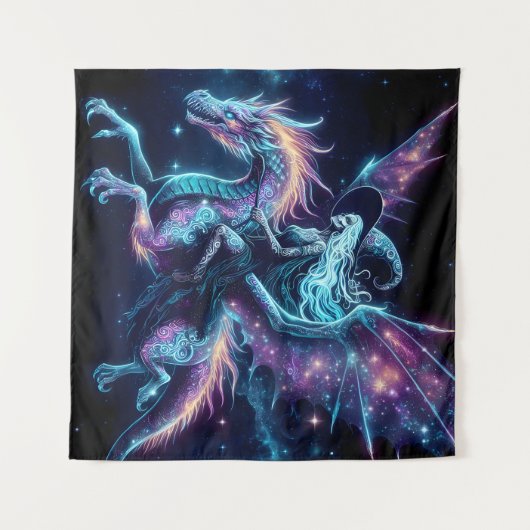 Skeleton Hexe auf Drachenfahrt, kosmische Fantasie Wandteppich (Vorderseite (Horizontal))