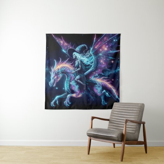 Skeleton Hexe auf Drachenfahrt, kosmische Fantasie Wandteppich (Beispiel)