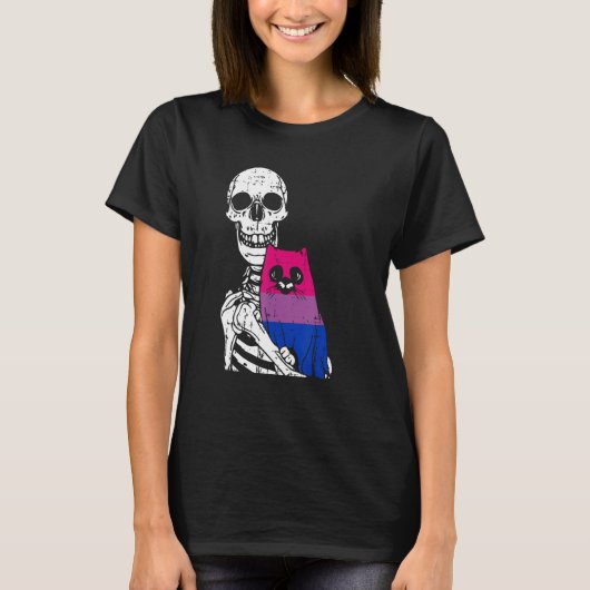 Skeleton Holding A Cat Bisexual LGBT-Q Pride Rainb T-Shirt (Vorderseite)