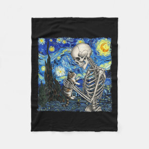 Skeleton Holding a Cat Funny Halloween Van Gogh St Fleecedecke