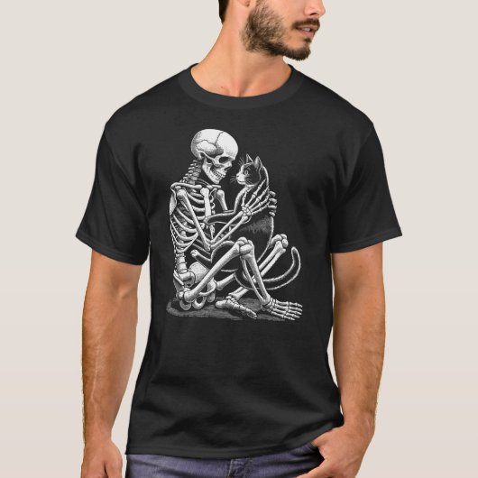 Skeleton Holding A Cat Funny Lazy Halloween Costum T-Shirt (Vorderseite)