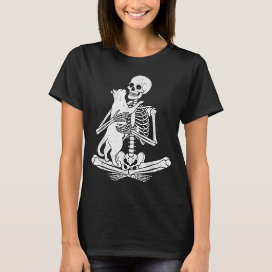 Skeleton Holding Cat Funny Soky Halloween Meow Kit T-Shirt (Vorderseite)