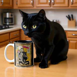 Skeleton Holding Cat Poster Style Zweifarbige Tasse
