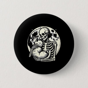 Skeleton Holding Cat Spooky Skull Halloween Gothic Button