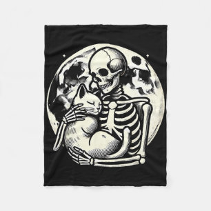 Skeleton Holding Cat Spooky Skull Halloween Gothic Fleecedecke