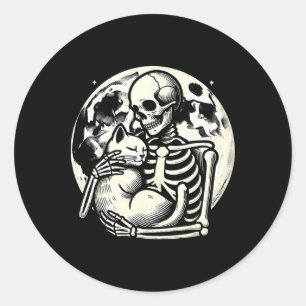 Skeleton Holding Cat Spooky Skull Halloween Gothic Runder Aufkleber