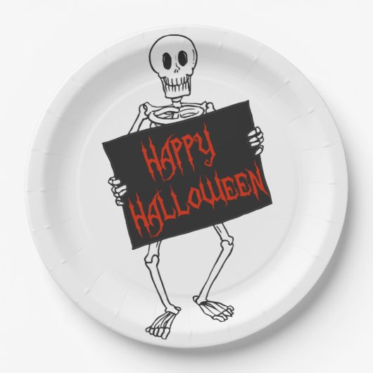 Skeleton Holding Sign Happy Halloween Pappteller (Vorderseite)