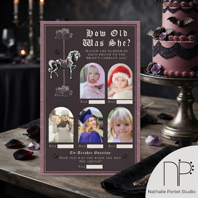 Skeleton Horse Wie Alt War Sie Brautparty-Spiel (hand-drawn vintage carousel skeleton horse and mauve roses for a chic dark romance aesthetic. )
