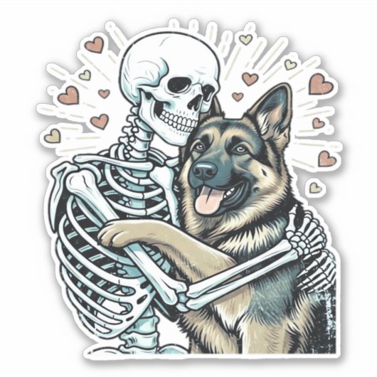 Skeleton Hugging a German Shepherd � Unique Gothic Aufkleber (Vorderseite)