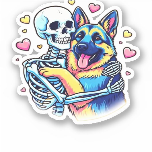 Skeleton Hugging a German Shepherd � Unique Gothic Aufkleber (Vorderseite)
