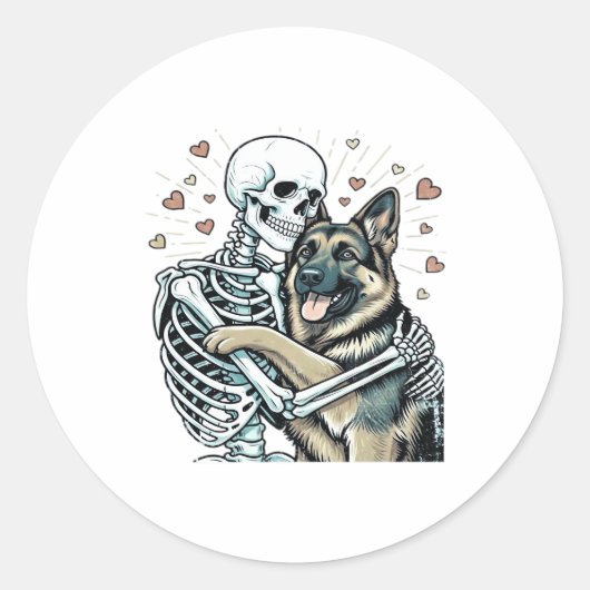 Skeleton Hugging a German Shepherd � Unique Gothic Runder Aufkleber (Vorderseite)
