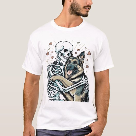 Skeleton Hugging a German Shepherd � Unique Gothic T-Shirt (Vorderseite)