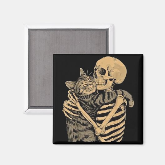 Skeleton Hugging Cat – Cute Gothic Cat Lover Gift Magnet (Vorderseite/Rückseite)